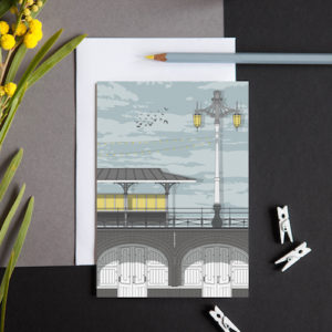 A greeting card featuring a detailed illustration of the retail arches long Brighton seafront.