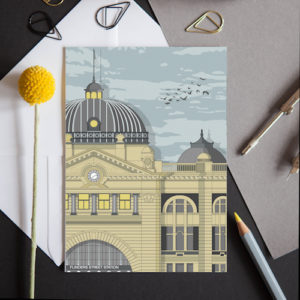 A card featuring the iconic train station in Melbourne, Australia