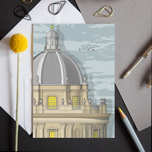 A greeting card featuring a detailed illustration of the historic Radcliffe Camera in Oxford.